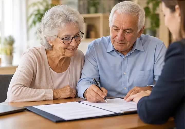 Couple âgé signing document with adviser handling paperwork in a friendly consultation. Couple âgé signing document with adviser handling paperwork in a friendly consultation.
