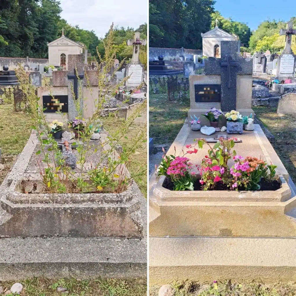 Deux tombes dans un cimetière: à gauche, planteurs et herbes poussant dans le tombeau en pierre; à droite, tombe entretenue