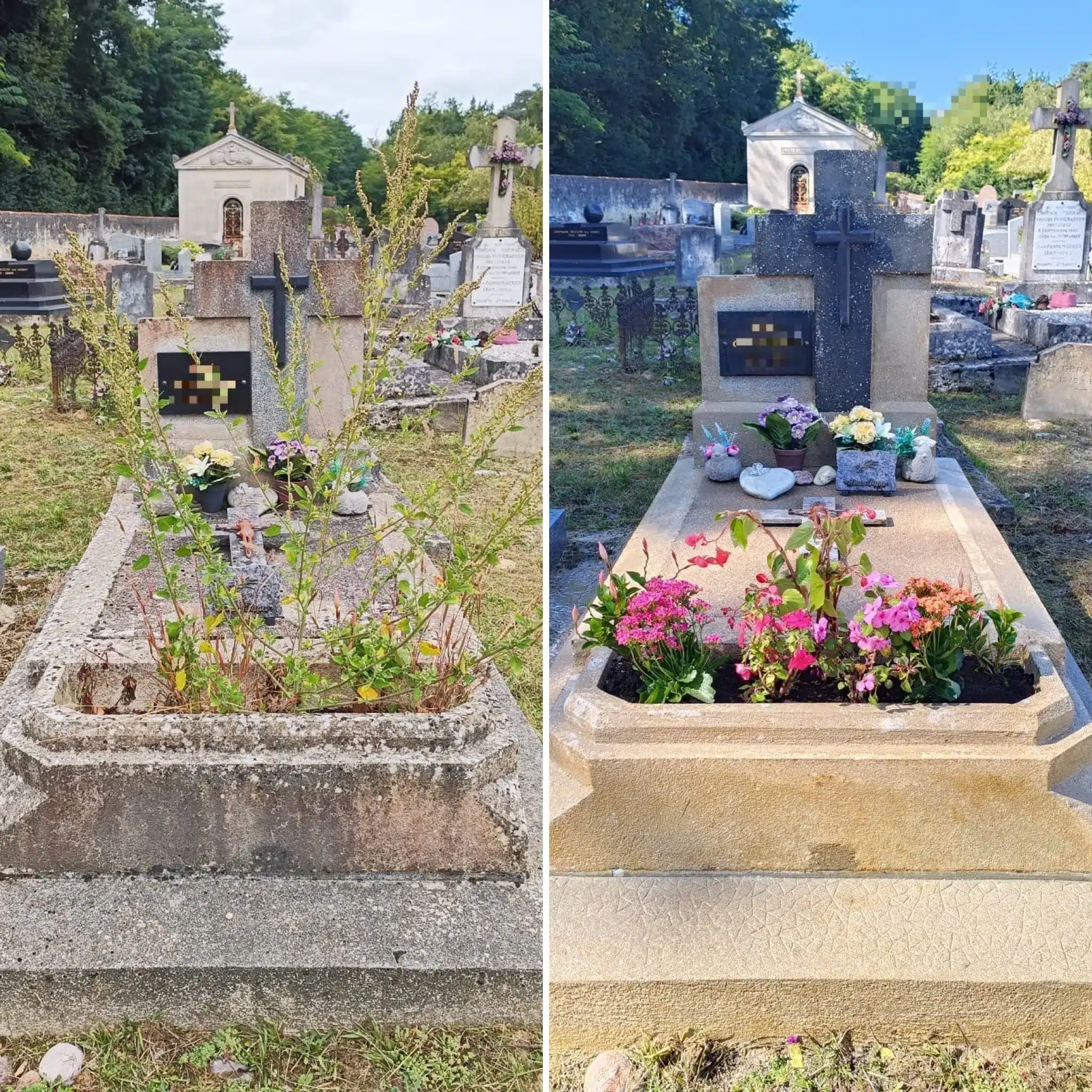 Deux tombes dans un cimetière: à gauche, planteurs et herbes poussant dans le tombeau en pierre; à droite, tombe entretenue