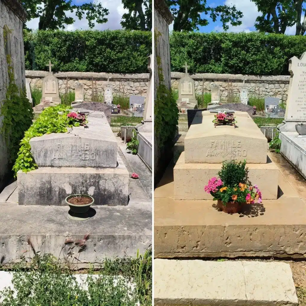 Deux tombes dans un cimetière, entourées de verdure. À gauche, tombe en pierre grise avec plante en pot devant et fleurs au