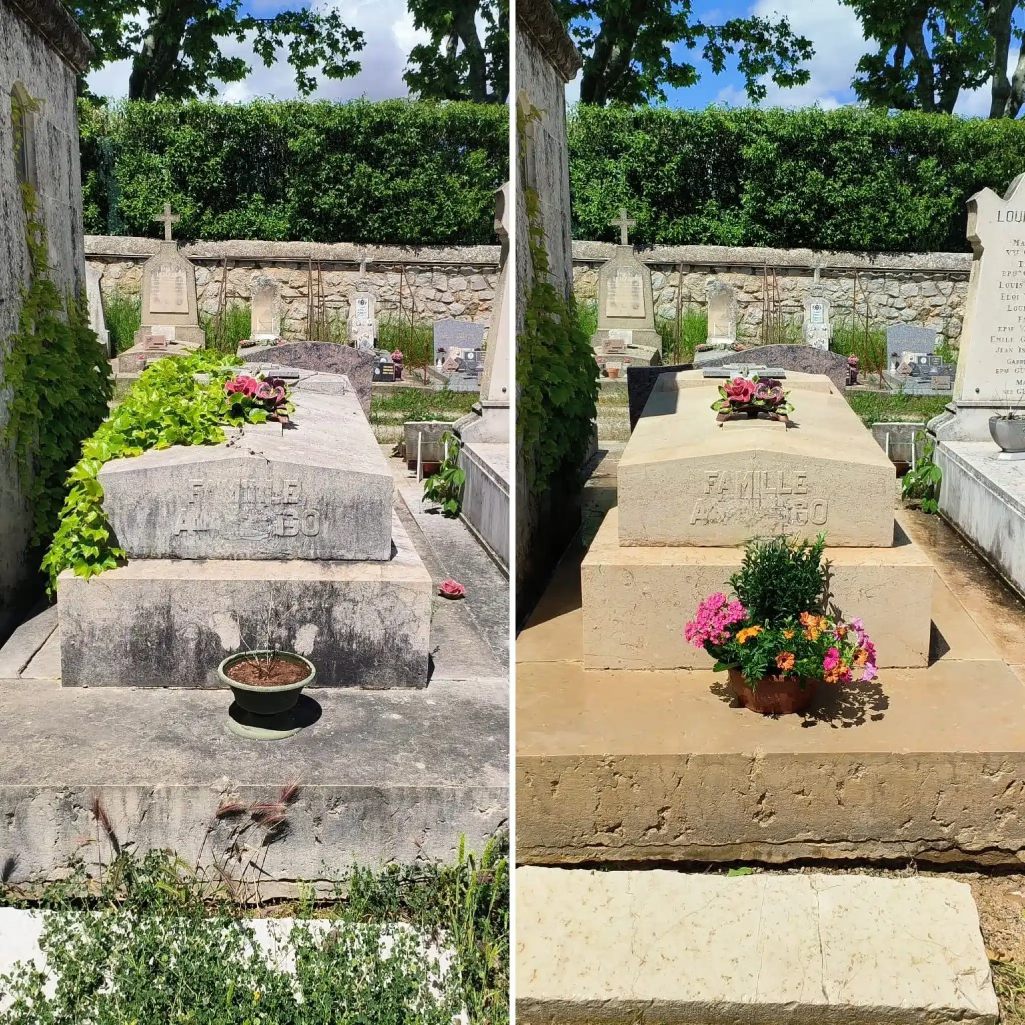 Deux tombes dans un cimetière, entourées de verdure. À gauche, tombe en pierre grise avec plante en pot devant et fleurs au