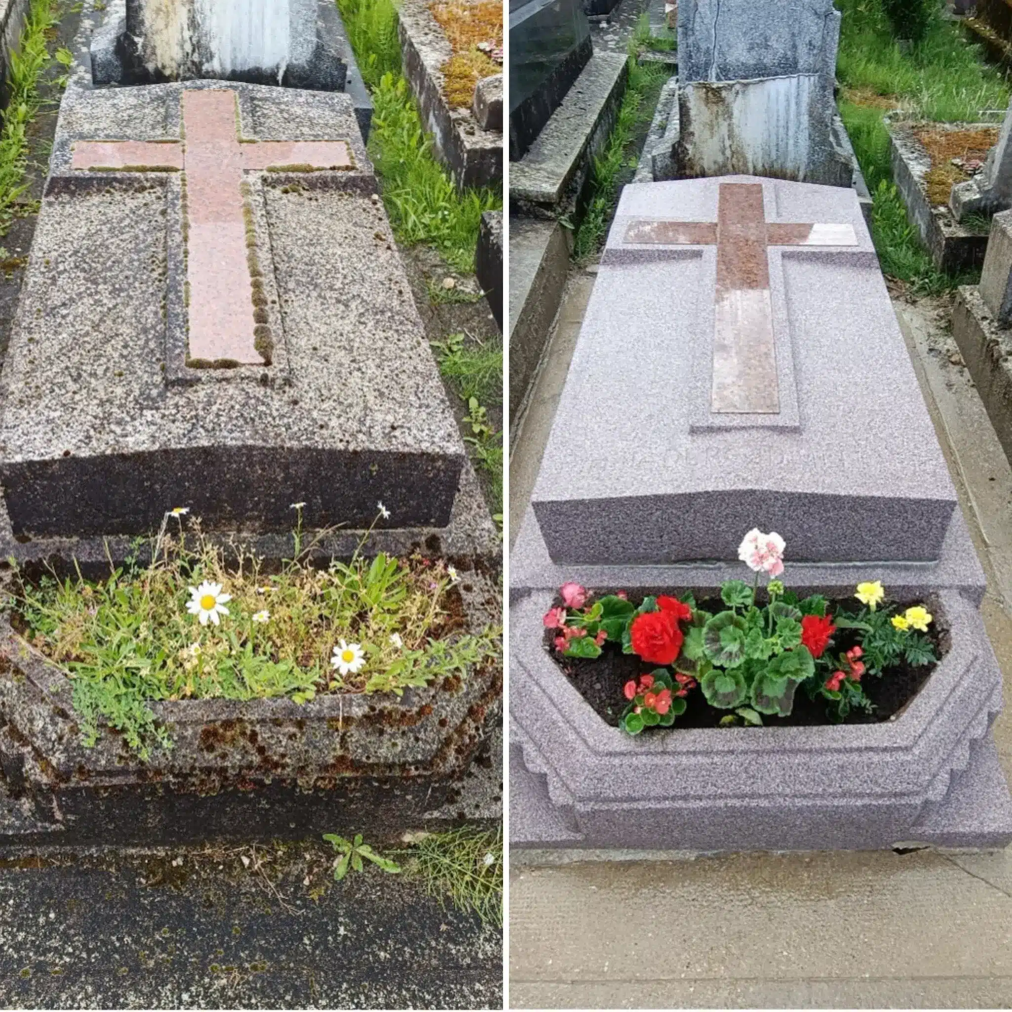 Deux tombes côte à côte: à gauche, tombe en granit sombre avec croix en pierre; fleurs sauvages et mauvaises herbes autour. Deux tombes côte à côte: à gauche, tombe en granit sombre avec croix en pierre; fleurs sauvages et mauvaises herbes autour.