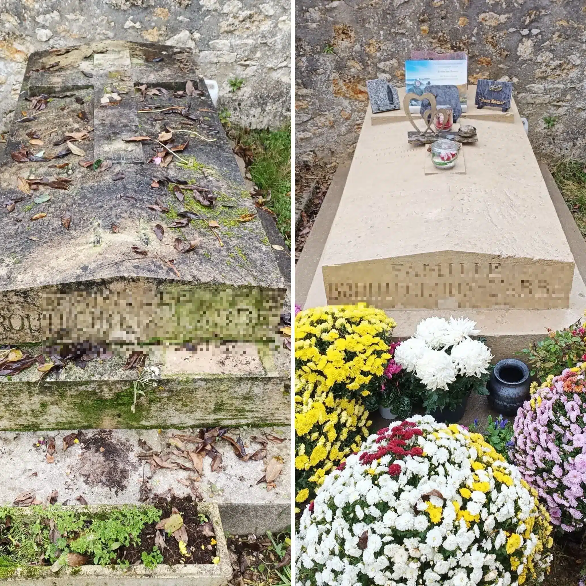 Deux tombes côte à côte: l’une ancienne, en pierre recouverte de mousse et de feuilles mortes; l’autre rénovée, tombe beige