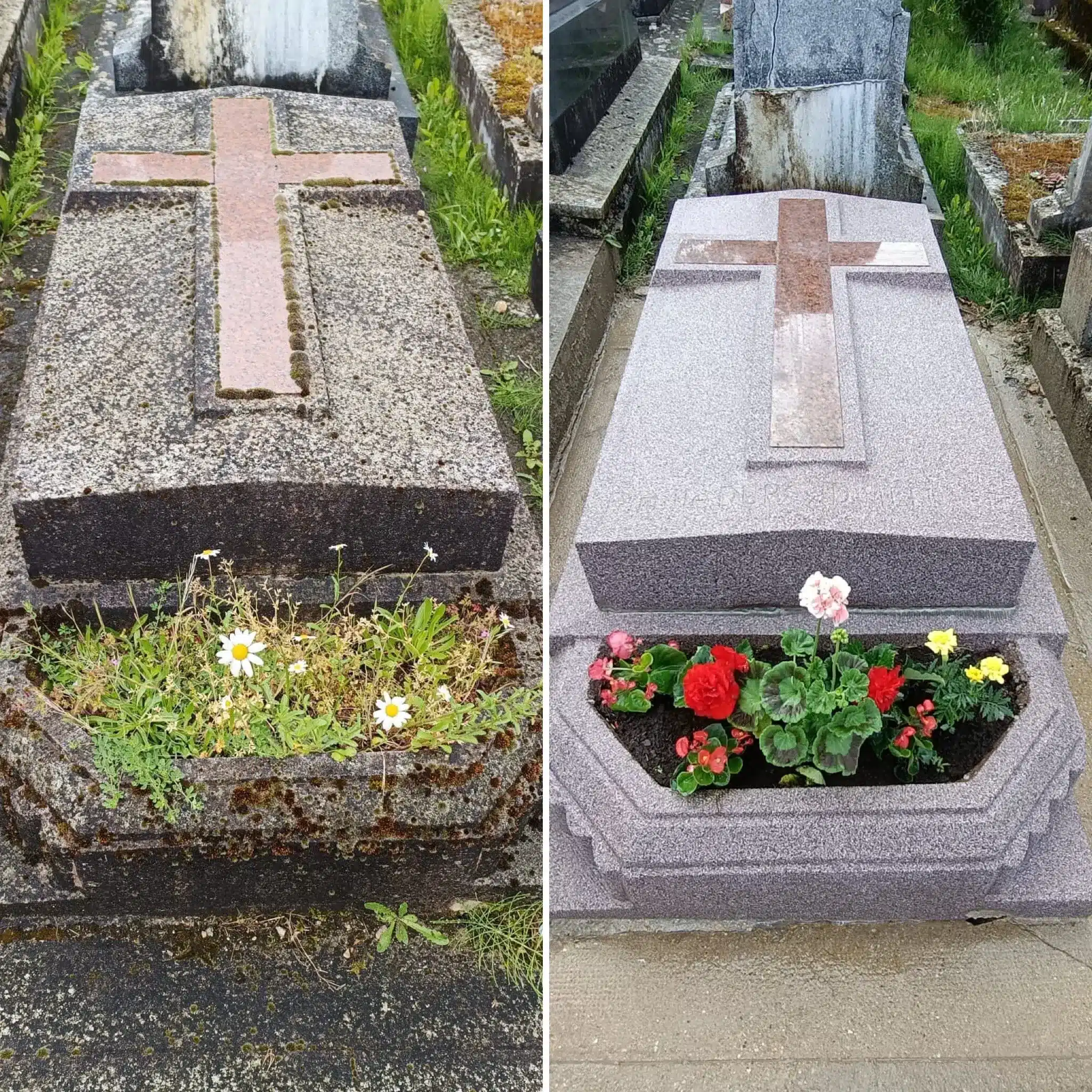 Deux tombes côte à côte, l’une avec des fleurs sauvages au pied et de la végétation poussant autour; l’autre restaurée avec Deux tombes côte à côte, l’une avec des fleurs sauvages au pied et de la végétation poussant autour; l’autre restaurée avec