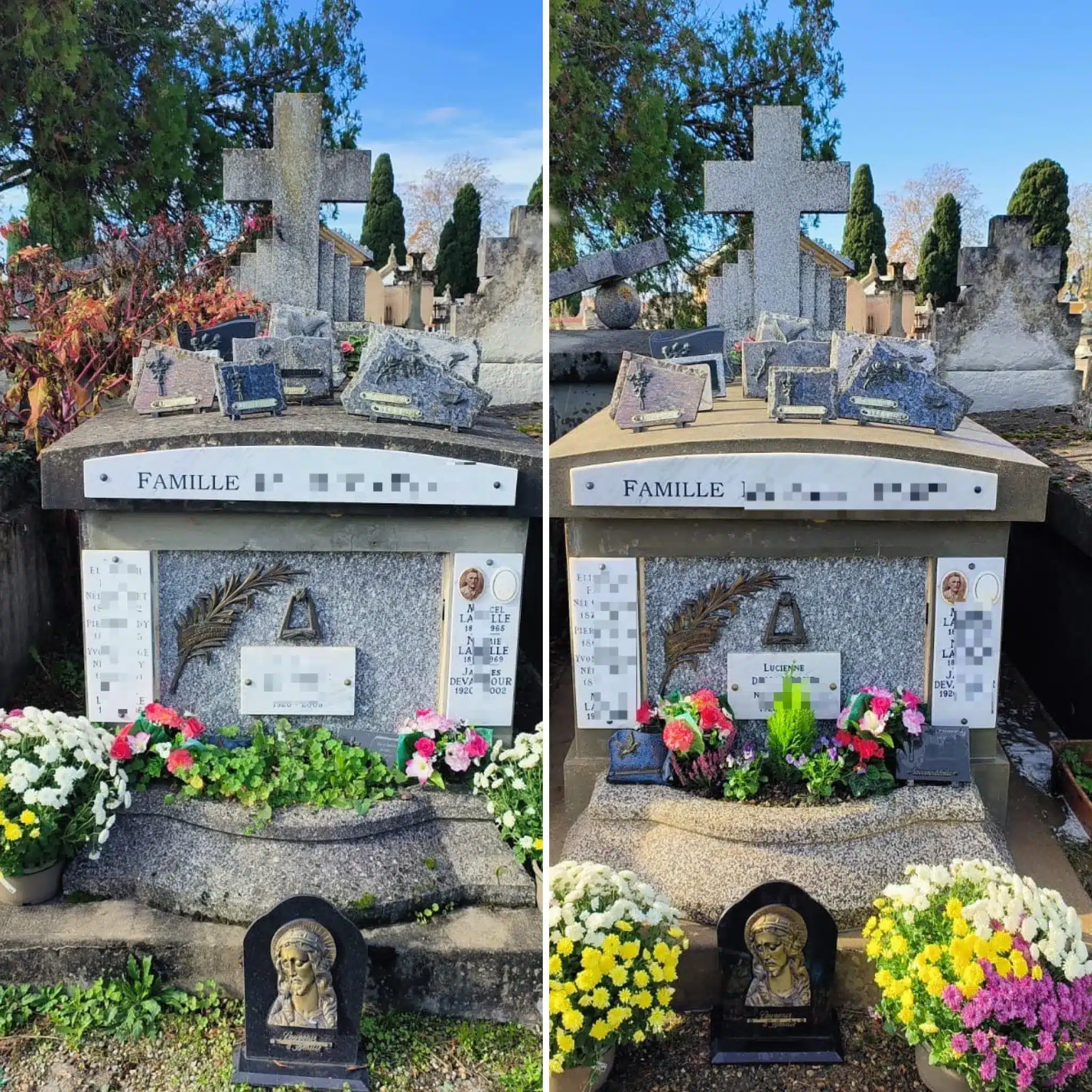 Deux tombes jumelles dans un cimetière, décorées de fleurs et monuments en pierre, avec croix et plaques commémoratives.