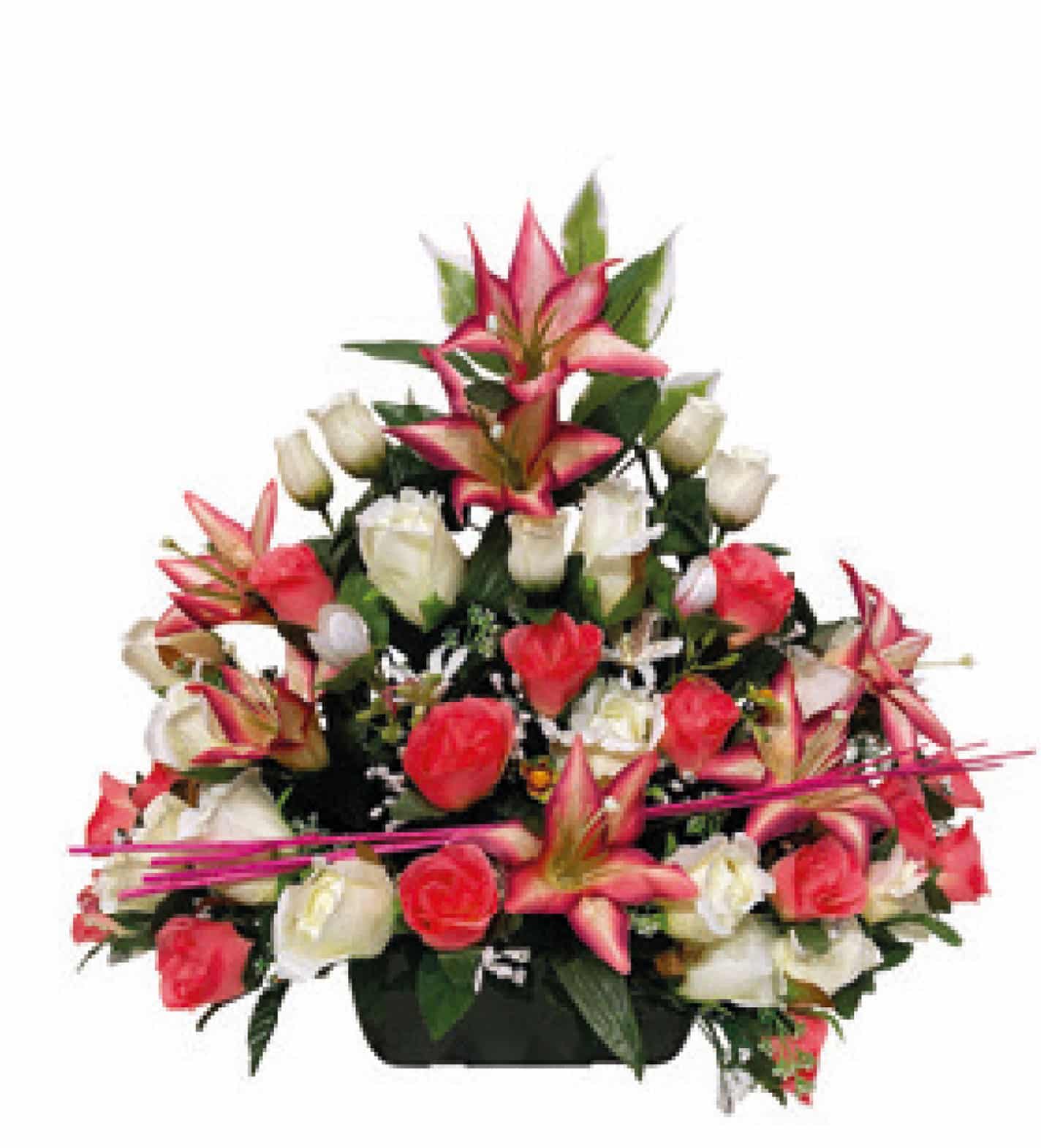 Disposition florale mêlant roses blanches et roses, agrémentée de tiges et de fleurs roses/vives dans un arrangement en pot.