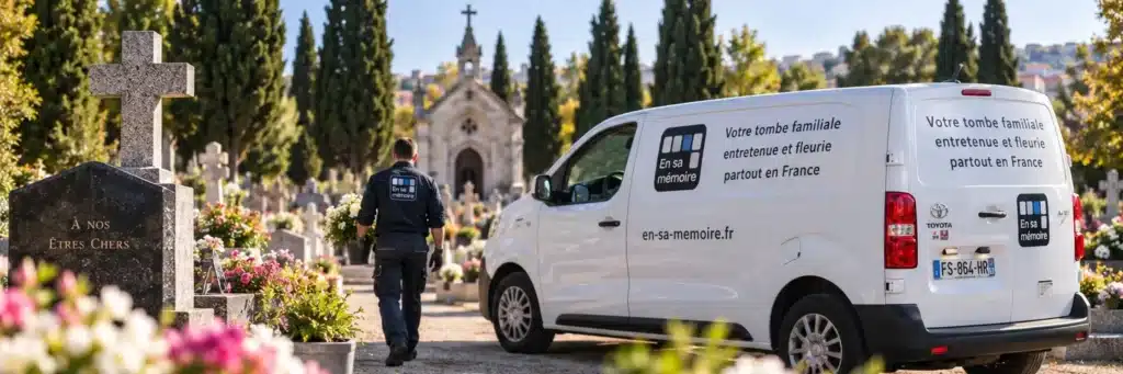 Entreprise funéraire mobile blanc « En sa mémoire » garée près d’un cimetière, en route vers des tombes familiales à