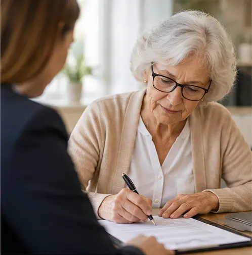Femme âgée à lunettes écrit sur un document, en discussion avec une autre personne.