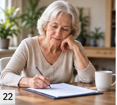 Une femme âgée écrit sur un bloc-notes posé sur une table, avec une tasse à café à proximité. Le numéro 22 apparaît en bas à