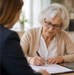 Femme âgée portant lunettes écrit sur un document, en discussion avec une autre personne lors d’un rendez-vous.