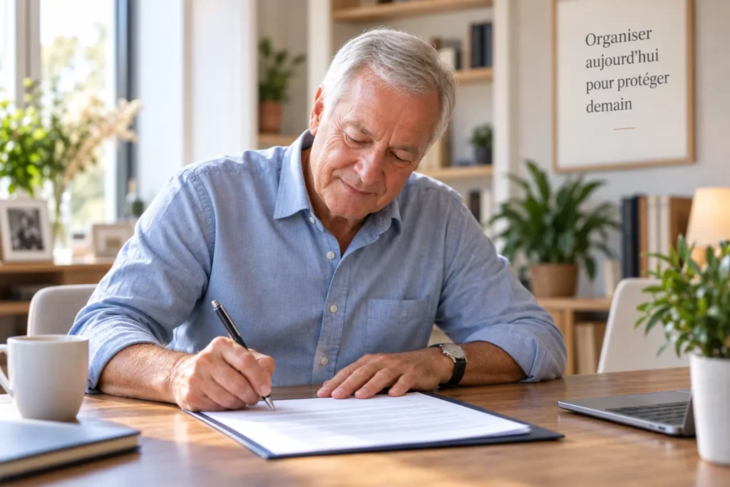 Homme âgé en chemise bleue signe un contrat sur une table de bureau, esprit serein, ambiance professionnelle et esprit
