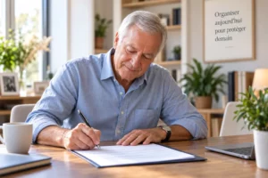 Homme âgé en chemise bleue signe un contrat sur une table de bureau, esprit serein, ambiance professionnelle et esprit