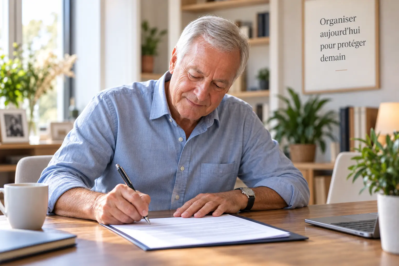 Homme âgé en chemise bleue signe un contrat sur une table de bureau, esprit serein, ambiance professionnelle et esprit