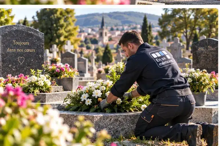 Homme en bleu travaillant sur une tombe, déposant des fleurs parmi des monuments funéraires dans un cimetière, entouré de
