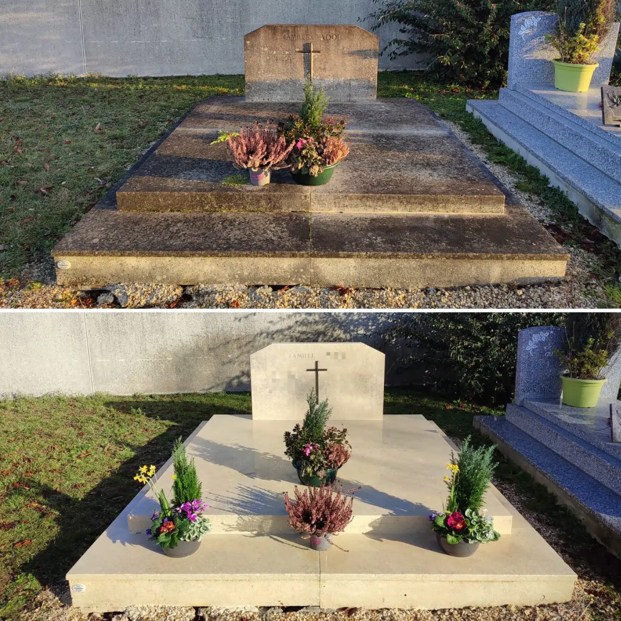 Tombe bien entretenue avant/après rénovation: dalle claire et monuments, potées florales colorées autour d’un crucifix
