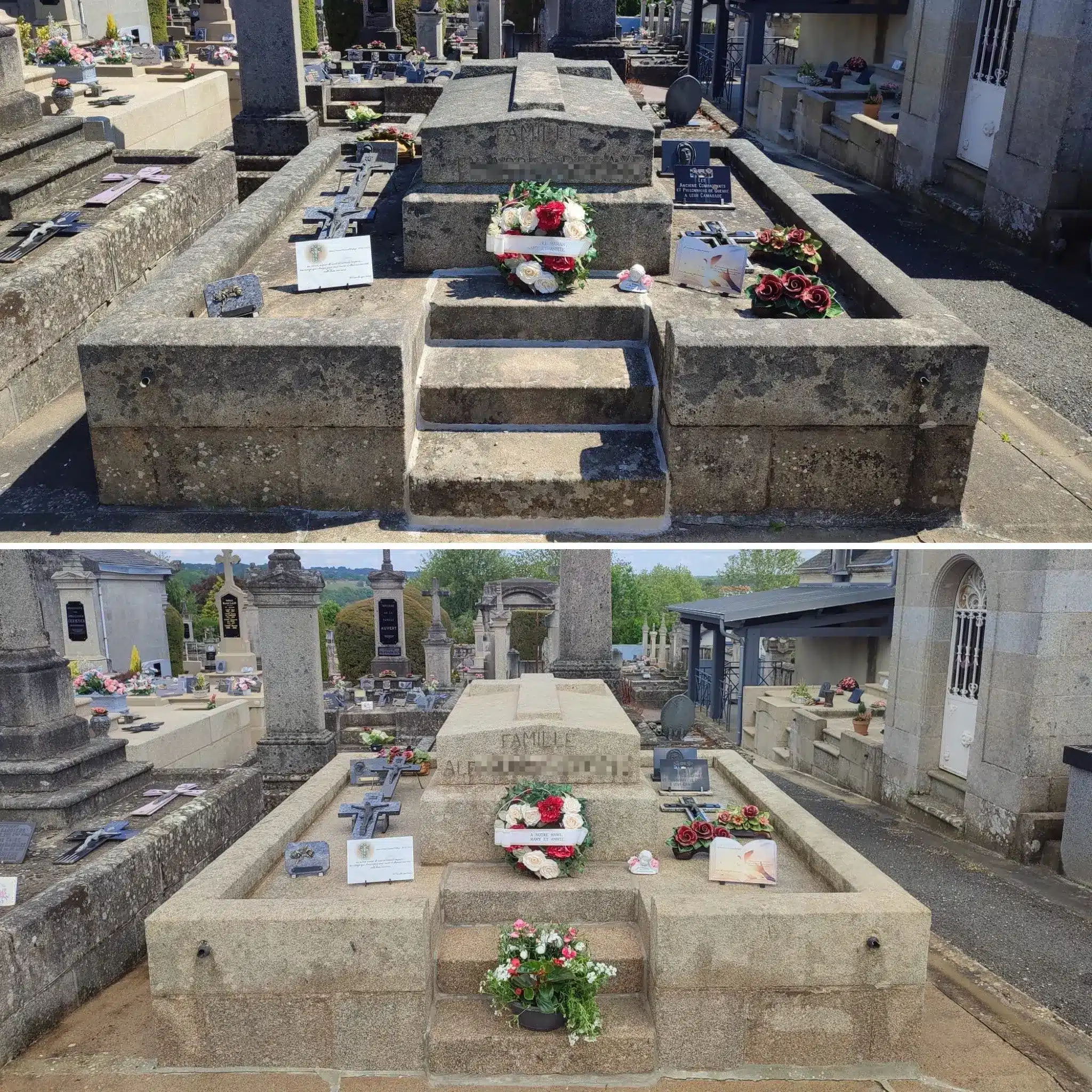 Tombe en pierre ornée de bouquets et mémoriaux dans un cimetière, vue avant/après avec fleurs et plaques commémoratives.