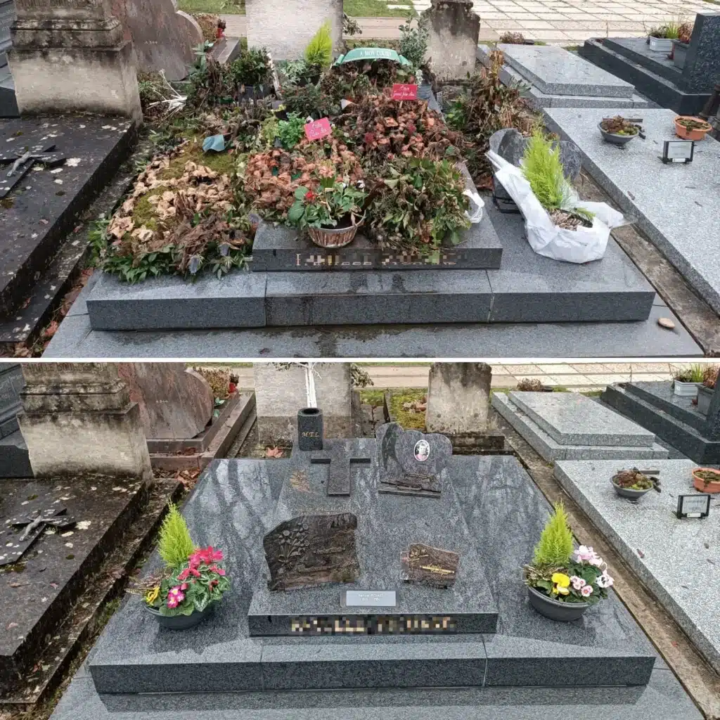 Vue d’un mausolée avant/après entretien: jardinage des fleurs fanées puis installation de plaques et sculptures funéraires