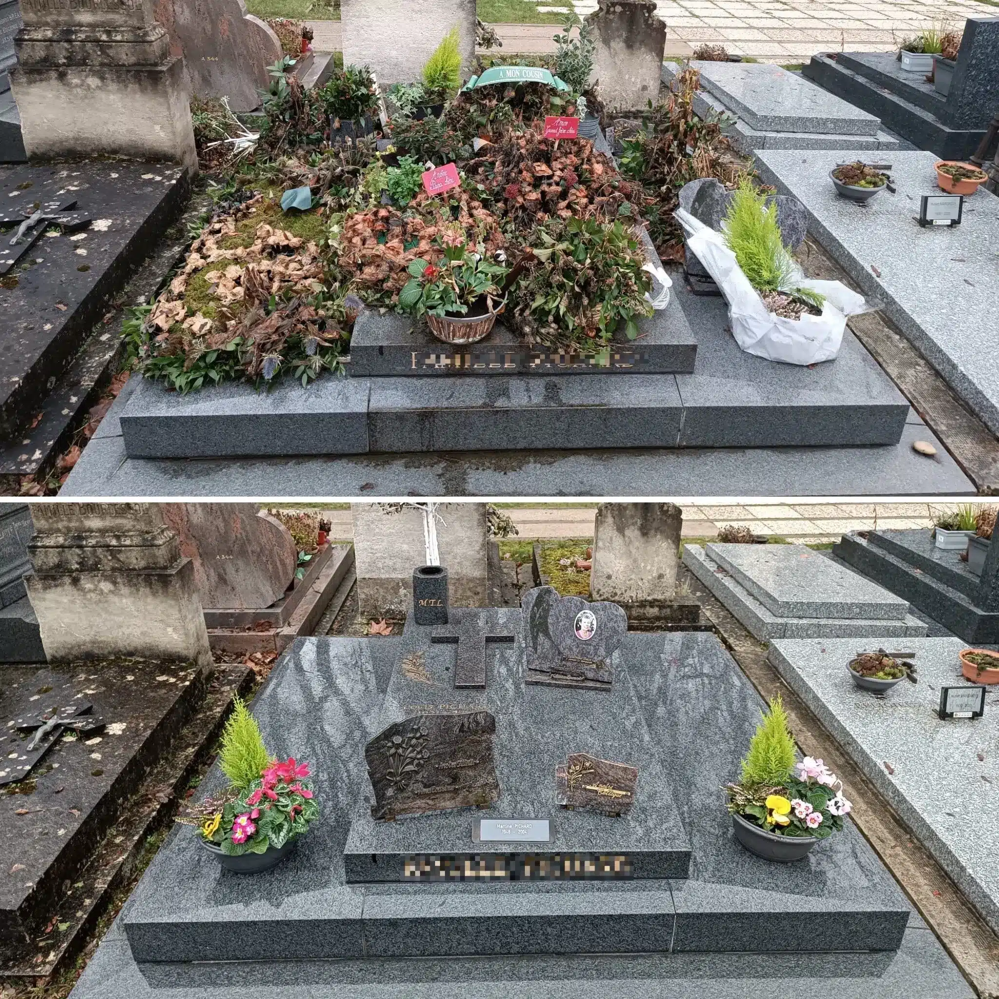 Vue d’un mausolée avant/après entretien: jardinage des fleurs fanées puis installation de plaques et sculptures funéraires Vue d’un mausolée avant/après entretien: jardinage des fleurs fanées puis installation de plaques et sculptures funéraires